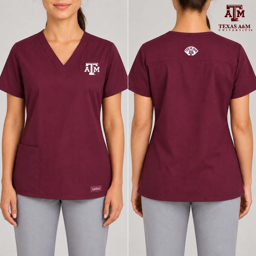 Landau Texas A&M Aggies Scrub Top Unisex Maroon V-Neck Short Sleeve Pocket XL